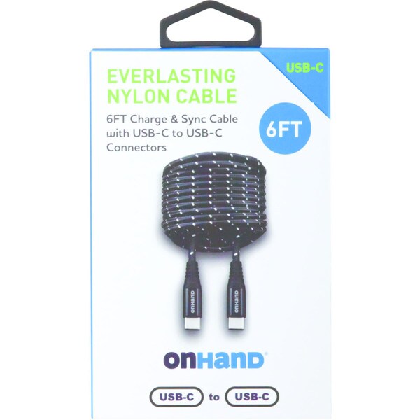 OnHand Everlasting Nylon Charge and Sync Cable - Black 6ft BP USB-C to USB-C